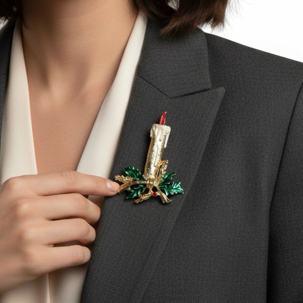 Vintage Christmas Candle Holly Brooch Gold Tone Enamel Festive Holiday Jewelry